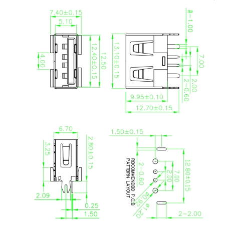 کانکتور USB-A مادگی ایستاده کوتاه 10mm رنگ آبی