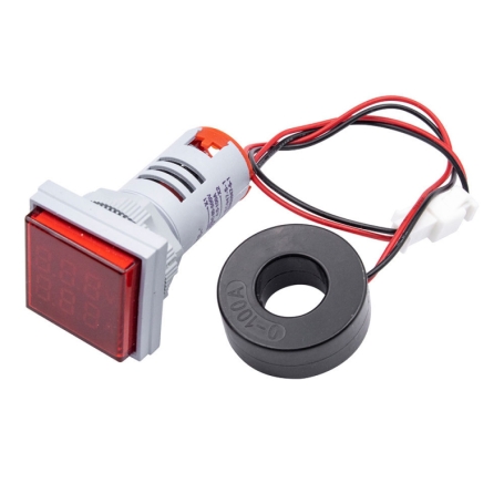ولتمتر و آمپرمتر چراغ سیگنالی AC500V-100A قرمز مربعی مدل AD16-22