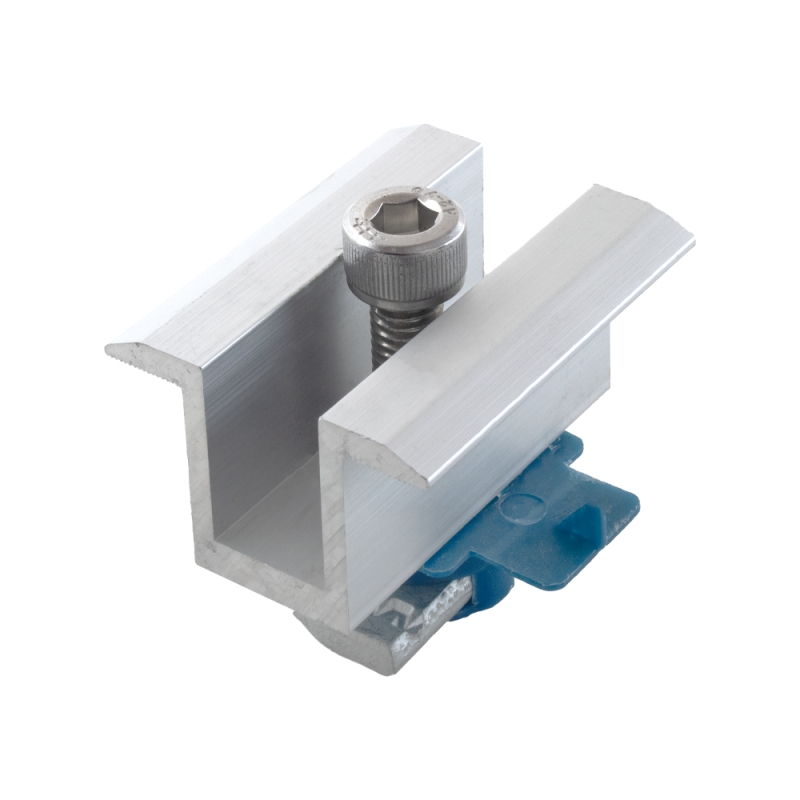 کلمپ میانی پنل خورشیدی (Mid Clamp Kit) به همراه مهره ریلی و گیره نگهدارنده پلاستیکی
