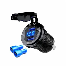 شارژر USB خودرویی روپنلی گرد آبی دو خروجی فست شارژ QC3.0 با نمایشگر ولتاژ و کلید ON/OFF