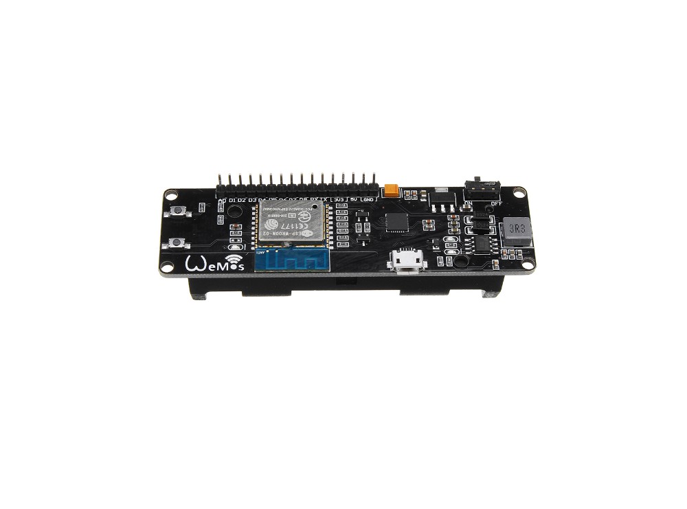 برد توسعه Wemos دارای هسته وایفای ESP8266 ، مدار شارژ و سوکت باتری لیتیوم یون 18650