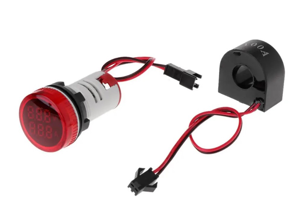 ولتمتر و آمپرمتر چراغ سیگنالی AC500V-100A قرمز گرد مدل AD101-22VAM